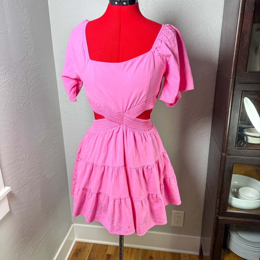 Shy Velvet Hot Pink Cutout Waist Puff Sleeve Mini Dress Size S